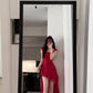Retro red flower suspender dress irregular beautiful waist a-line beach dress R0697