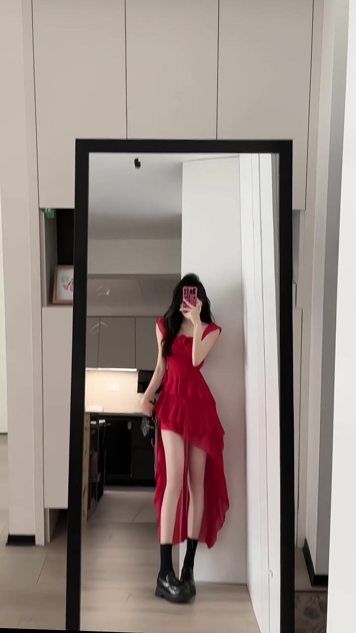 Retro red flower suspender dress irregular beautiful waist a-line beach dress R0697