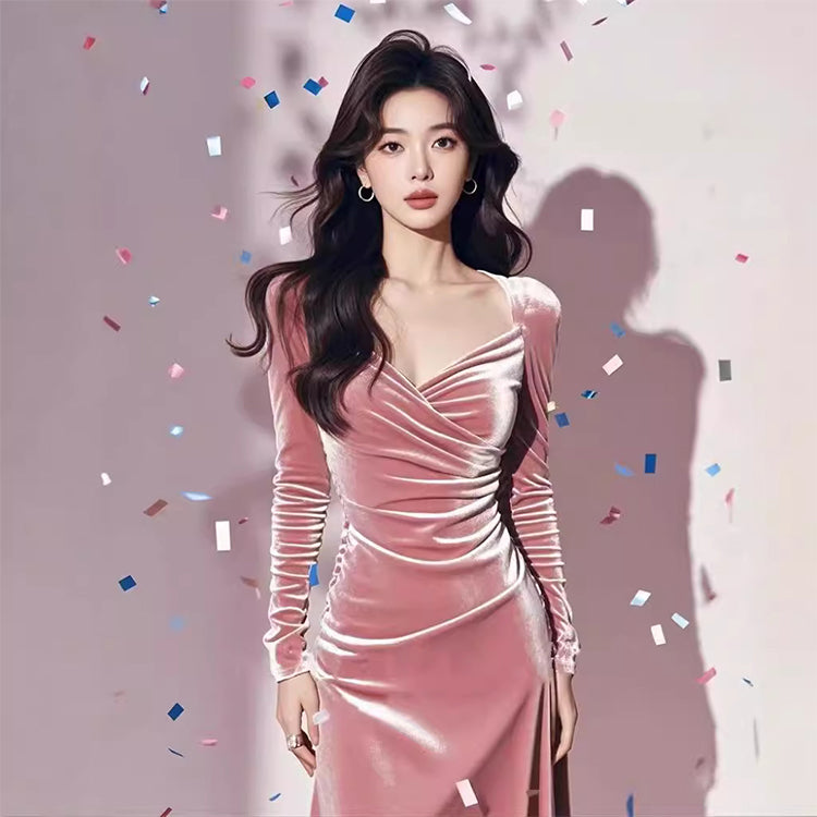 Birthday dress high-end dress niche temperament lady pink long-sleeved dress R1797
