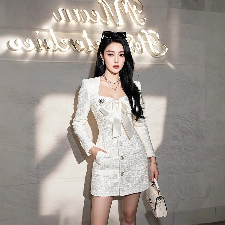 Birthday party small dress skirt high-end light luxury niche formal occasion bow white dress R1773