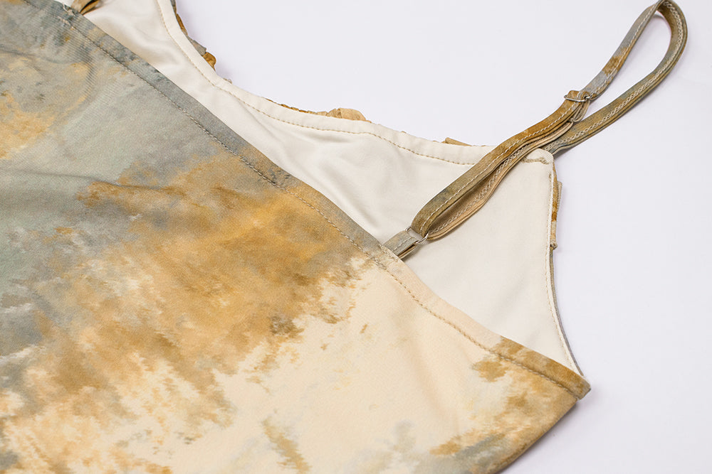 Wasteland style smudged suspender dress 2025 new holiday retro knitted irregular slit long skirt R0059