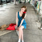 Retro blue v-neck floral vest dress with beautiful temperament and waist A-line short skirt R0642