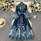 New French style high-end one-piece tie waist print dress elegant long skirt R2133