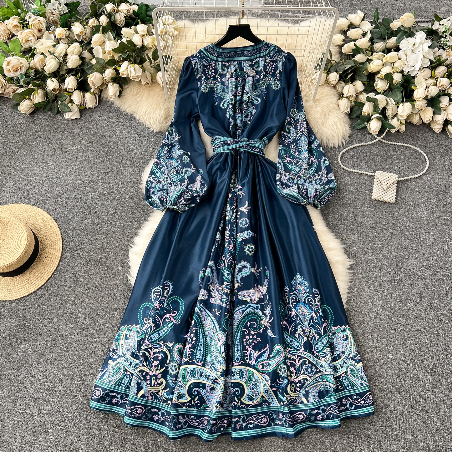 New French style high-end one-piece tie waist print dress elegant long skirt R2133