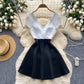 Sexy V-neck low-cut short-sleeved dress with slim waist and A-line short skirt for hot girls R2132