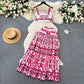 Printed suit pure waist-revealing camisole vest high waist midi skirt R2138
