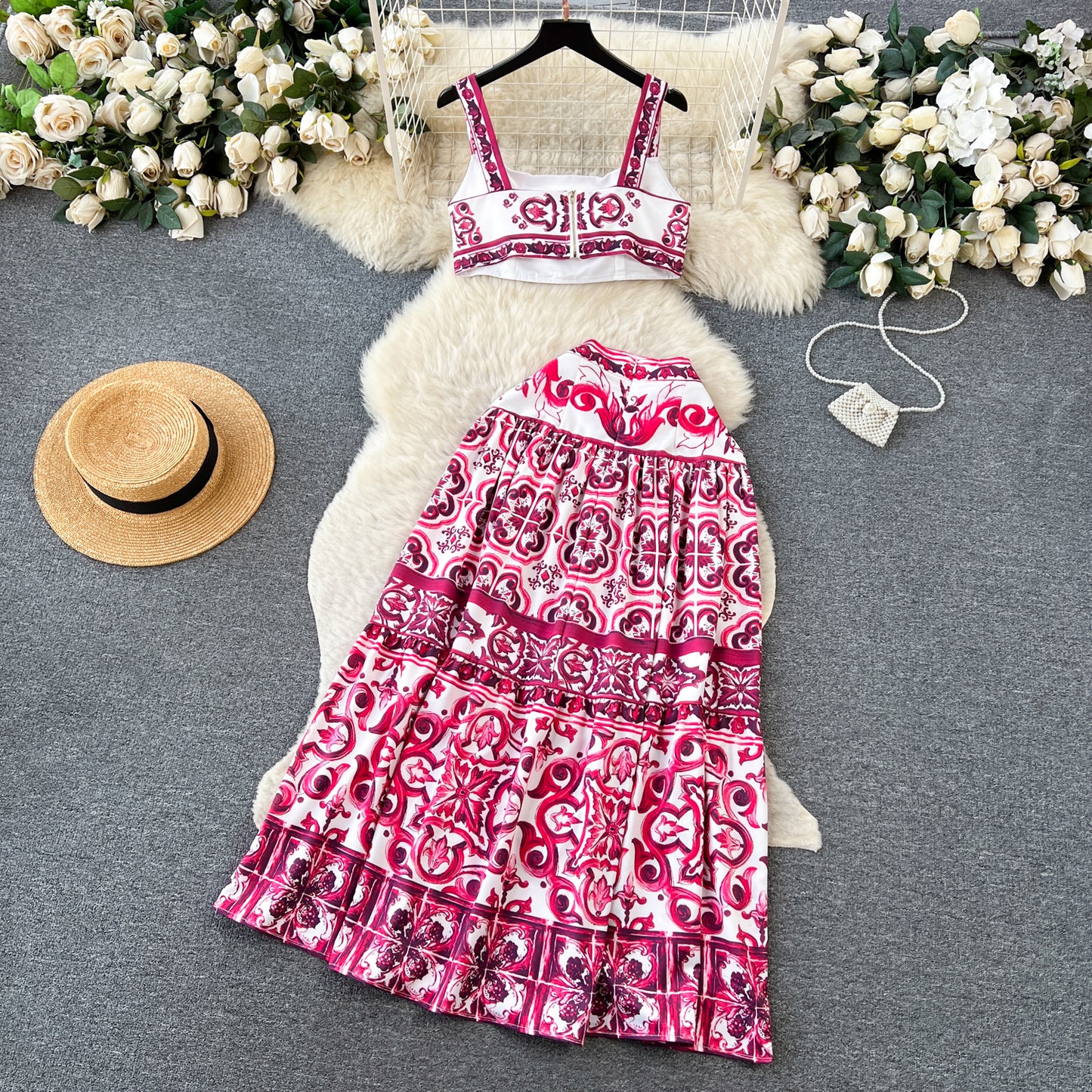 Printed suit pure waist-revealing camisole vest high waist midi skirt R2138