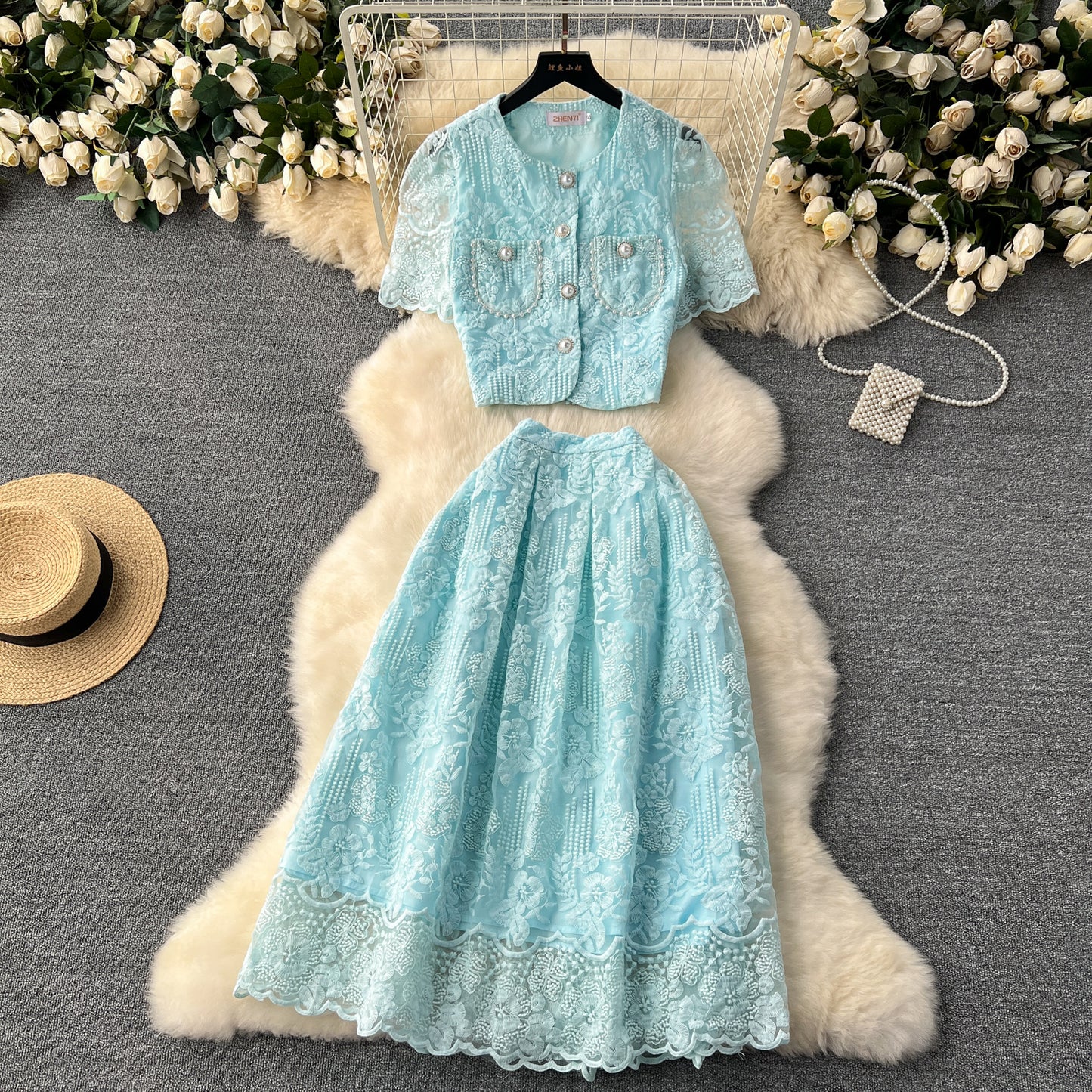 High-end suit French lace hook flower puff sleeve shirt two-piece high waist slim skirt R2137