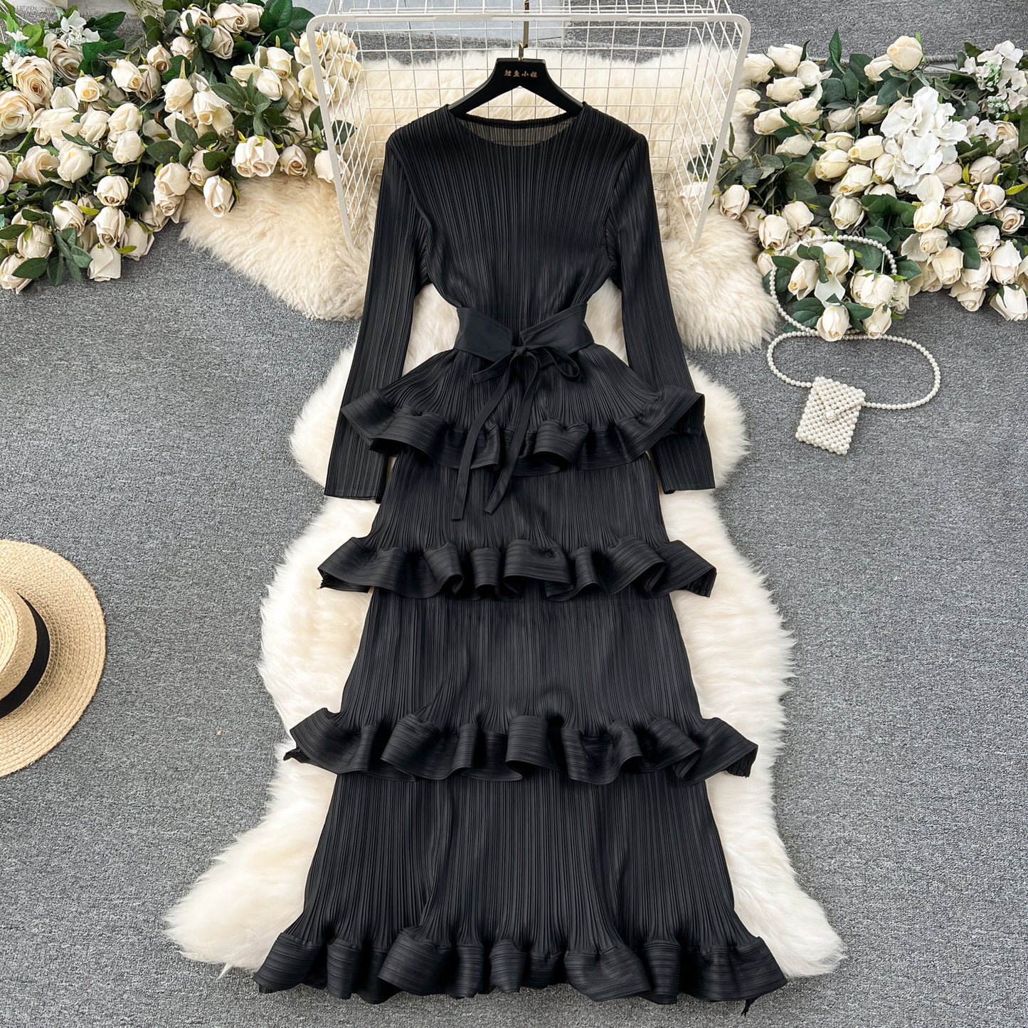 Banquet dress high-end niche ruffle cake skirt pleated slim long dress R2151
