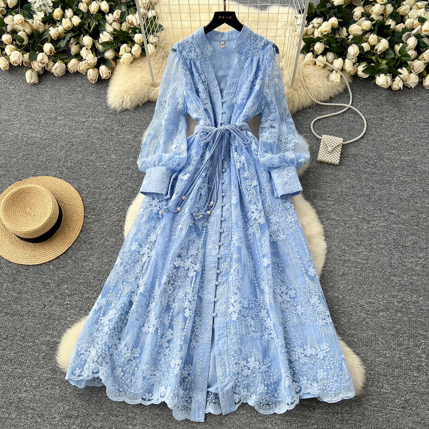 French high-end dress 2025 waist embroidery V-neck lantern sleeves single-breasted long skirt R2135