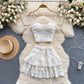 Sweet lace camisole sexy short ruffle skirt holiday two piece suit R2134