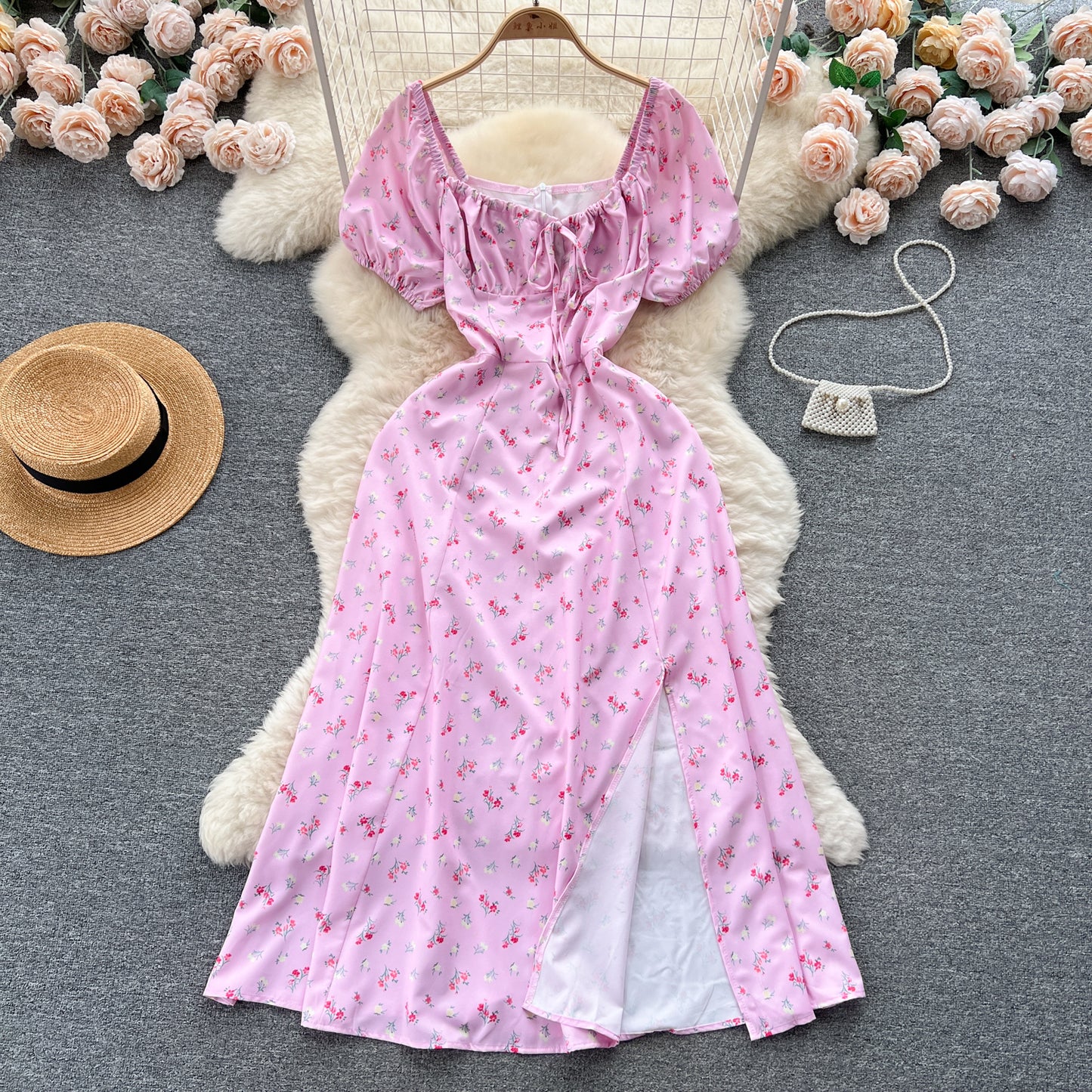 French pure desire high-grade floral dress slim temperament super fairy slit long skirt R2144