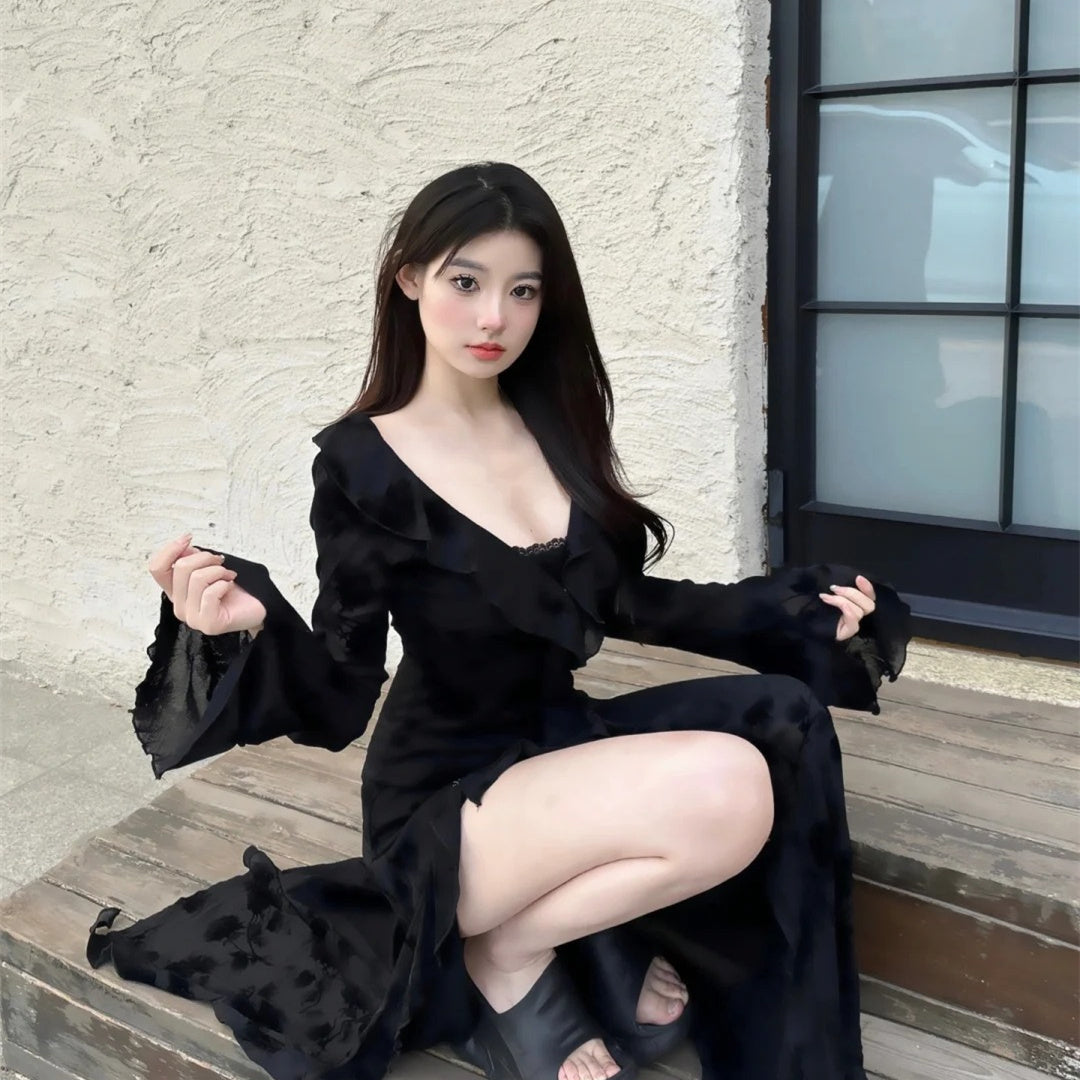 French Hepburn royal sister style dark rose sling slit dress waistcoat top long skirt two-piece suit R1659