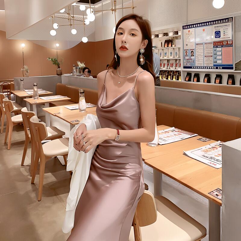 High-end acetate silk satin French suspender dress 2025 new style pink sway collar long dress R0989