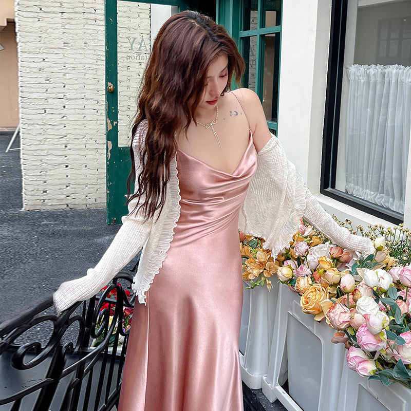 High-end acetate silk satin French suspender dress 2025 new pink long skirt R0993