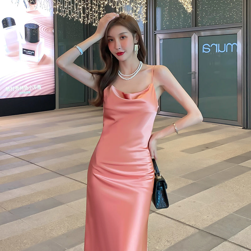 Silk suspender dress mid-length satin waist temperament inner wear bottoming long skirt R0994