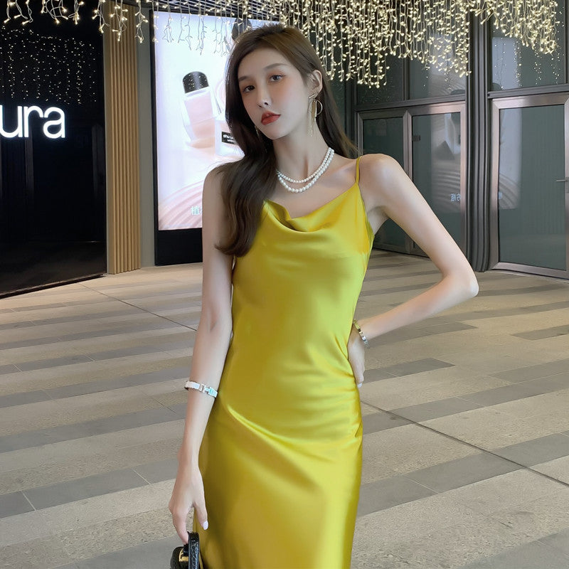 High-end French dress sexy silk satin sway collar niche design pure desire suspender skirt R0992