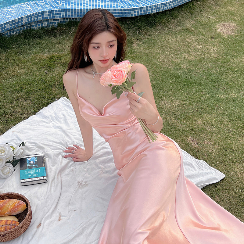 High-grade acetate satin silk dress slim sexy gentle girl pink inner suspender skirt R0990