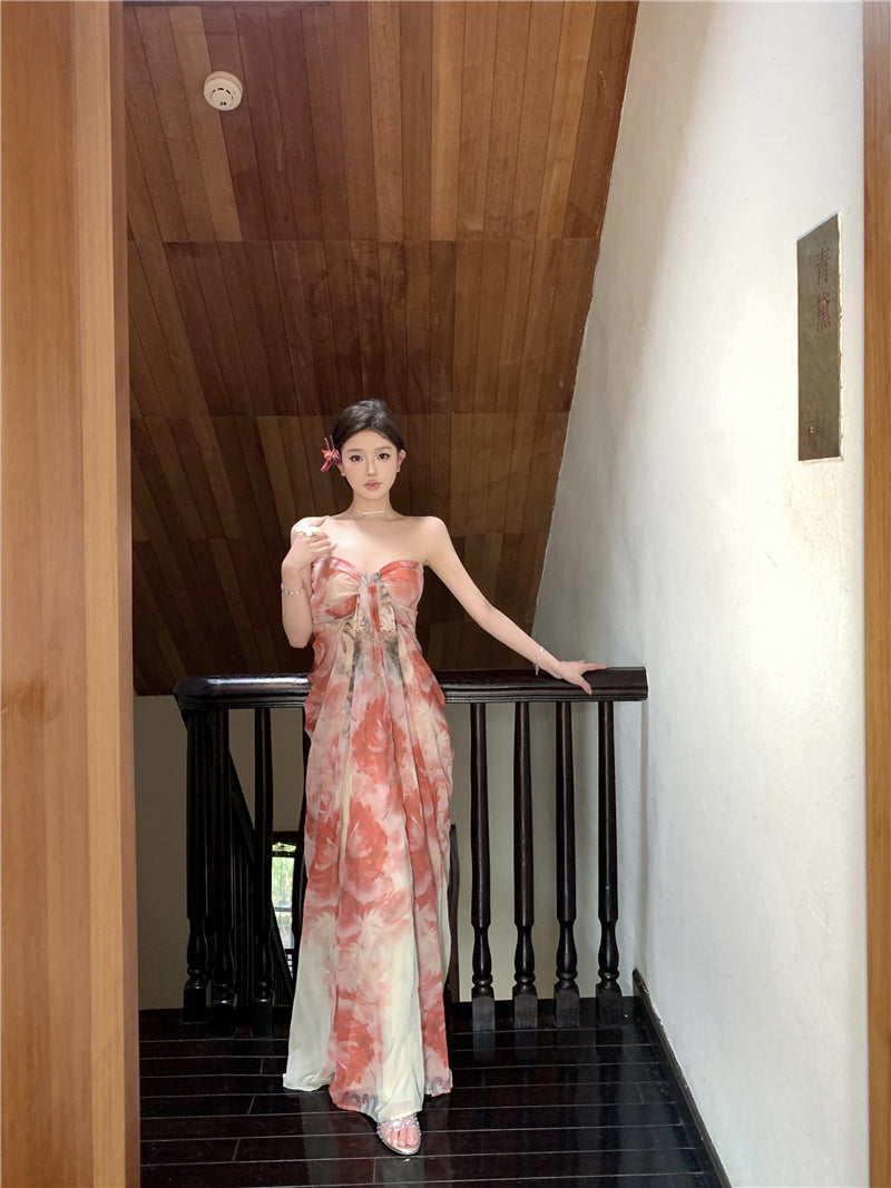 French style beautiful sling dress seaside holiday green print dress beach dress R1564