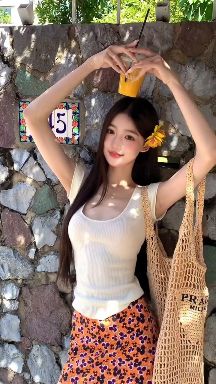 Vacation style outfit sexy hot girl beautiful knitted top floral skirt two-piece skirt R0893