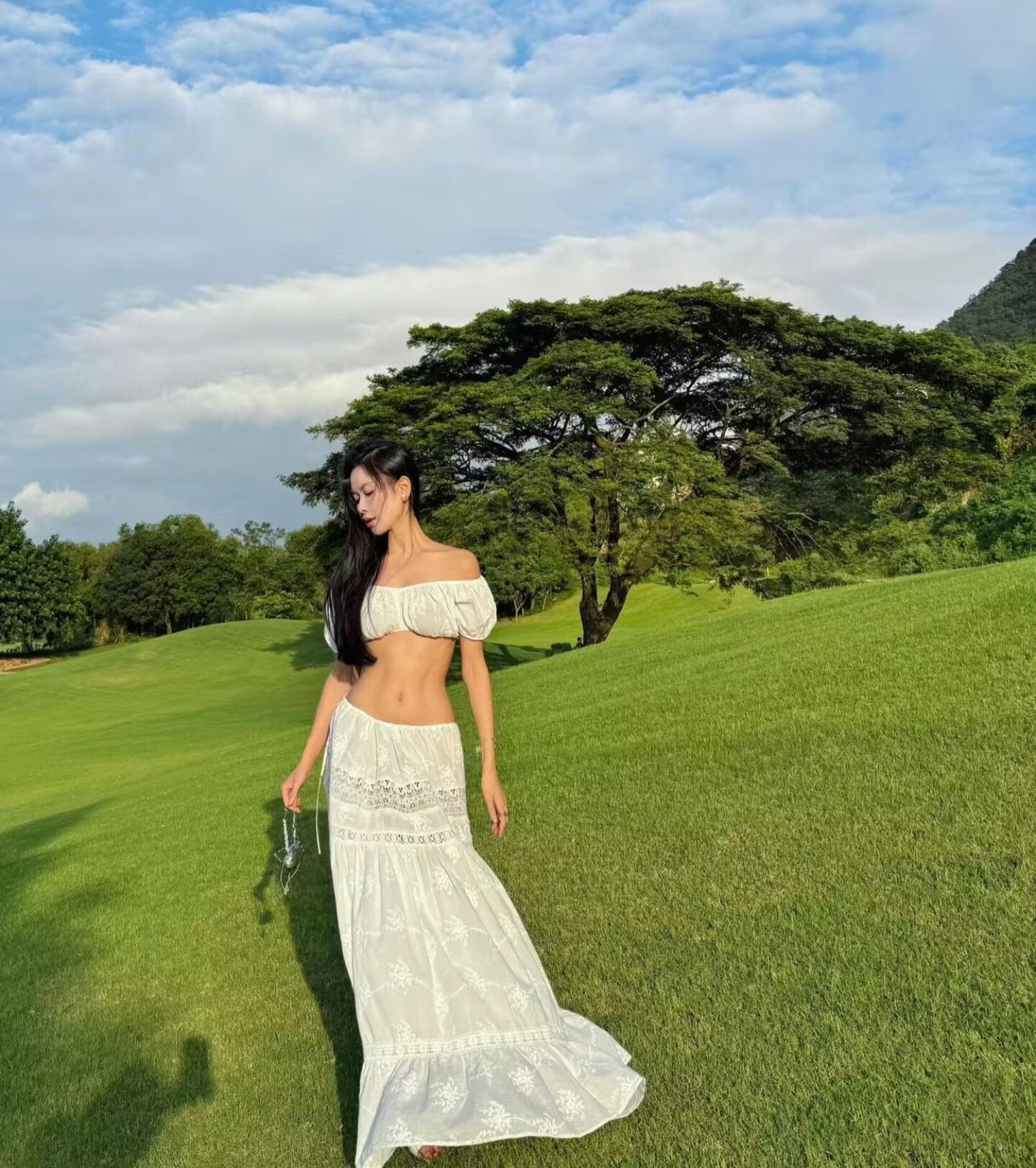 White tube top hot girl top feminine skirt two-piece set for beach vacation R1578