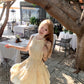 Cream Yellow Halter Neck Dress Summer French Tulle Short Skirt Babydoll Skirt R3833