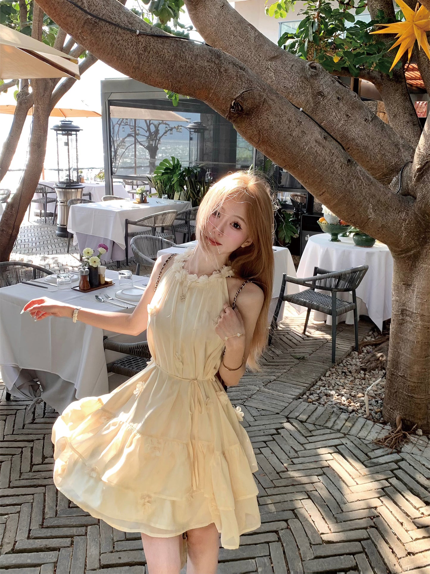 Cream Yellow Halter Neck Dress Summer French Tulle Short Skirt Babydoll Skirt R3833