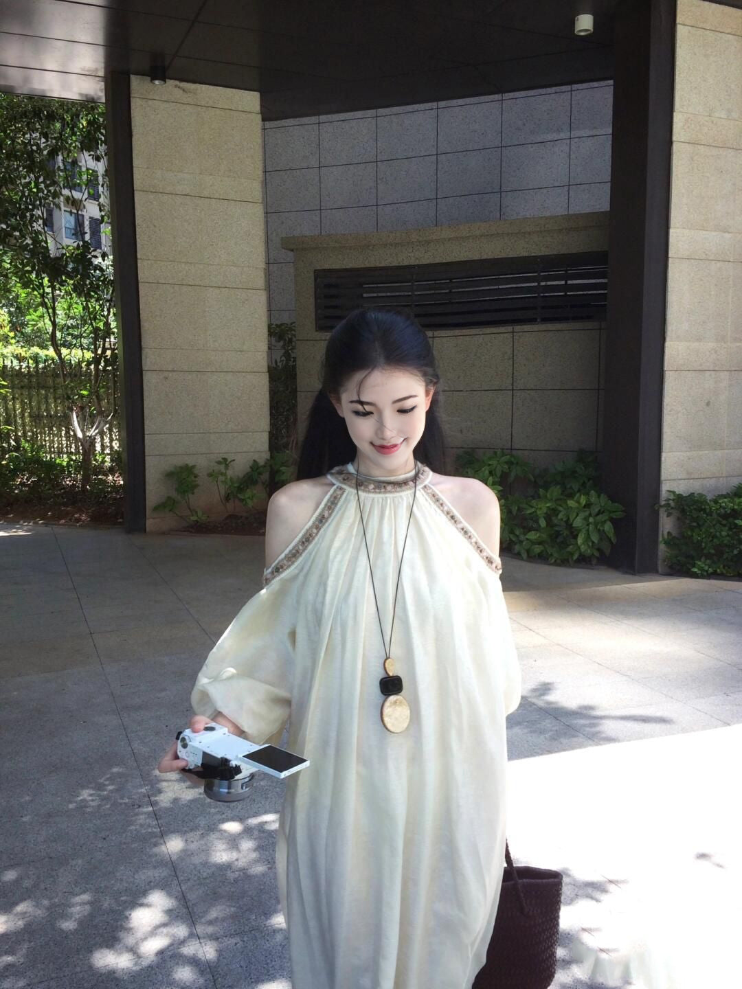 Off-the-shoulder dress, relaxed French long skirt R0552