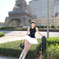 Black sleeveless vest dress with unique temperament and waist A-line puffy skirt R0556
