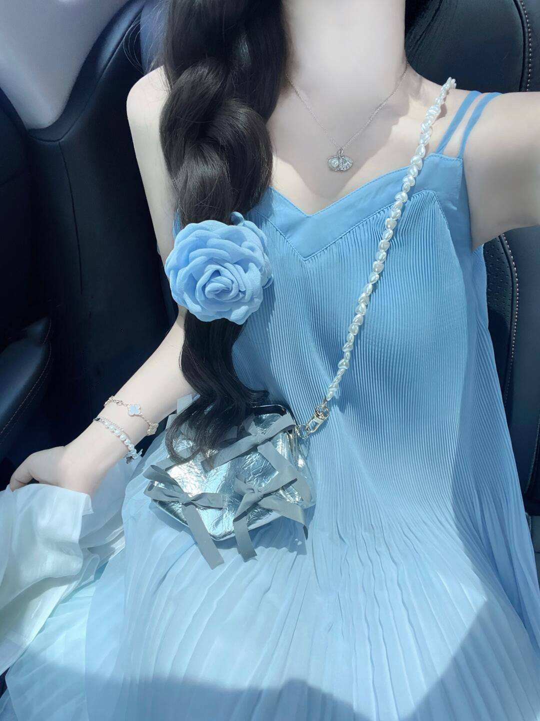 Blue suspender dress new style French temperament A-line skirt R0558