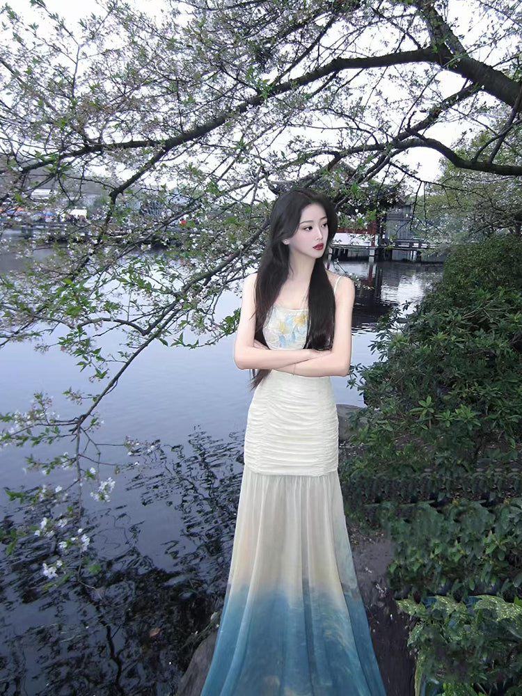 French style mesh suspender dress for holiday, niche design, slim fit, elegant long dress R1803