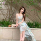 Green floral suspender dress gentle temperament waist small skirt R0578