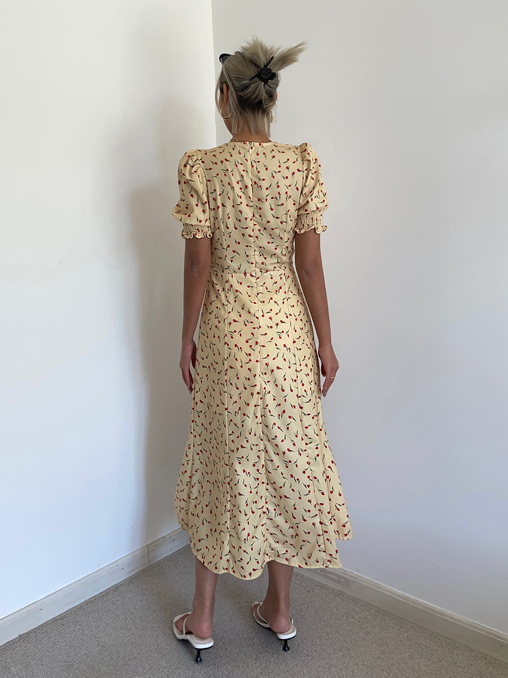 New French style sweet or salty square collar slit yellow floral dress women's summer long skirt R3091