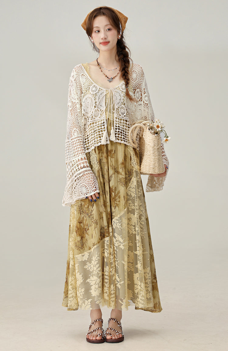 Han element retro floral lace stitching suspender dress holiday long dress R1973