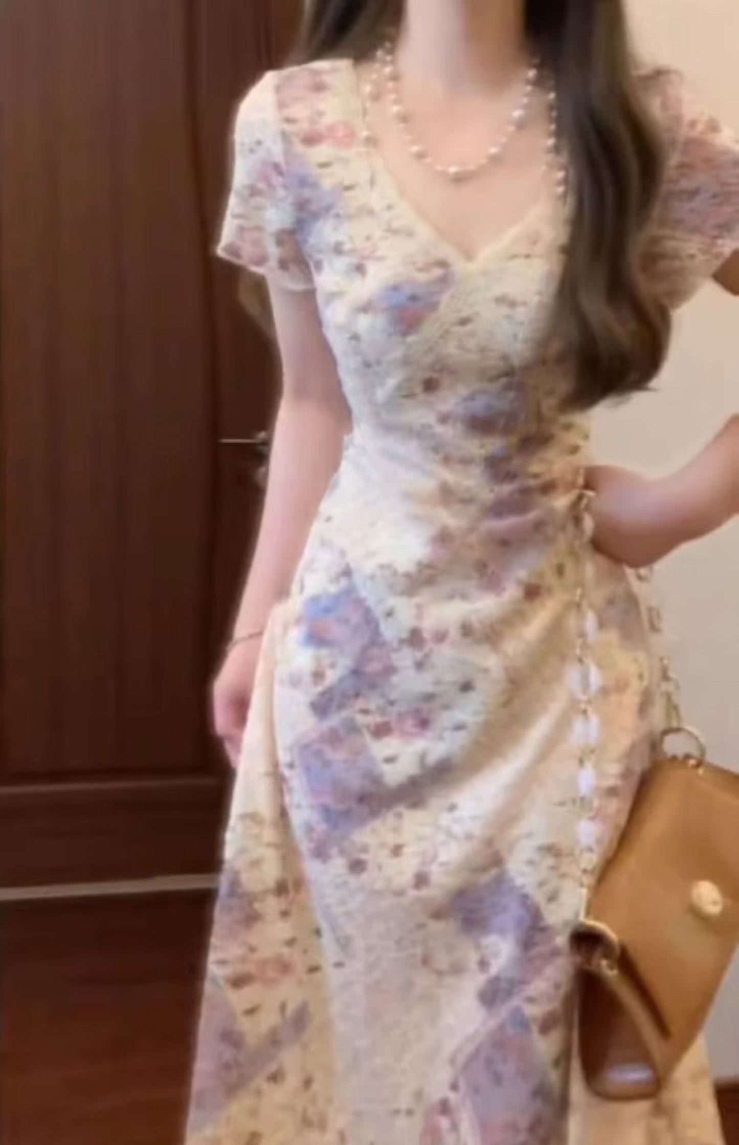 Purple lace patchwork v-neck short-sleeved dress with slim waist and hip skirt R0523