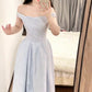 Blue jacquard suspender dress with a slender neckline and a fluffy long skirt. R0524