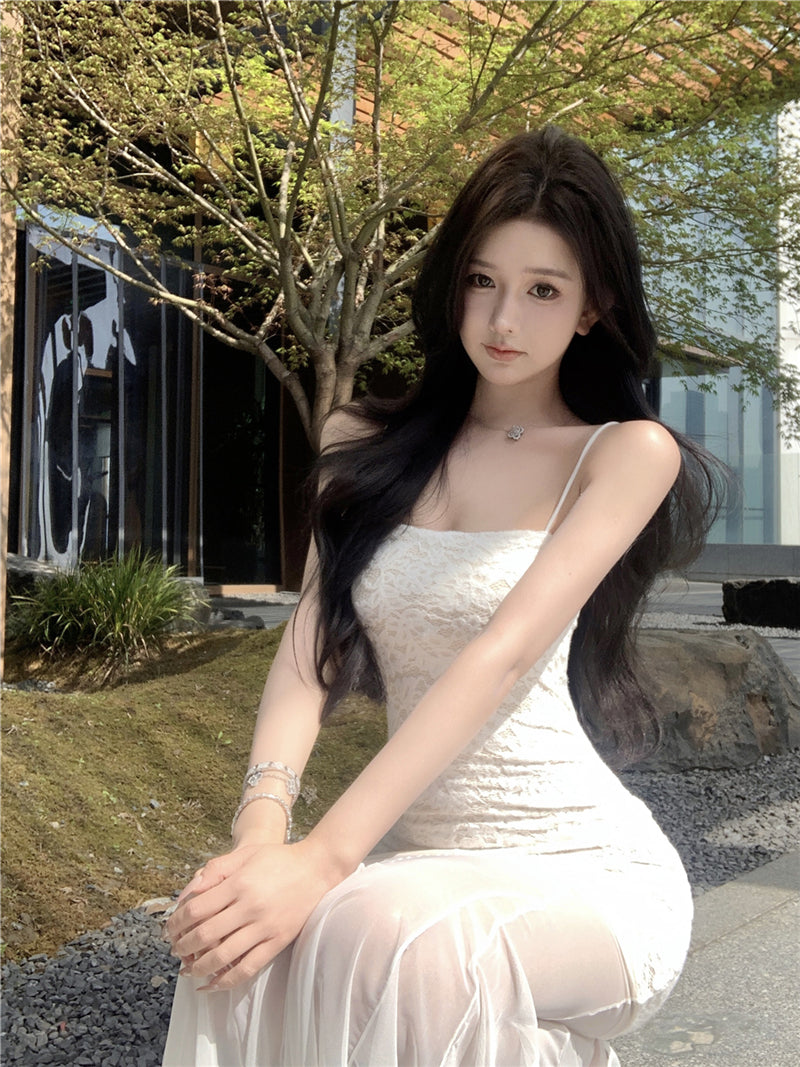 White lace suspender dress beautiful waist hip skirt R0526