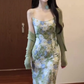 Gentle green floral suspender dress with beautiful temperament waist long skirt R0654