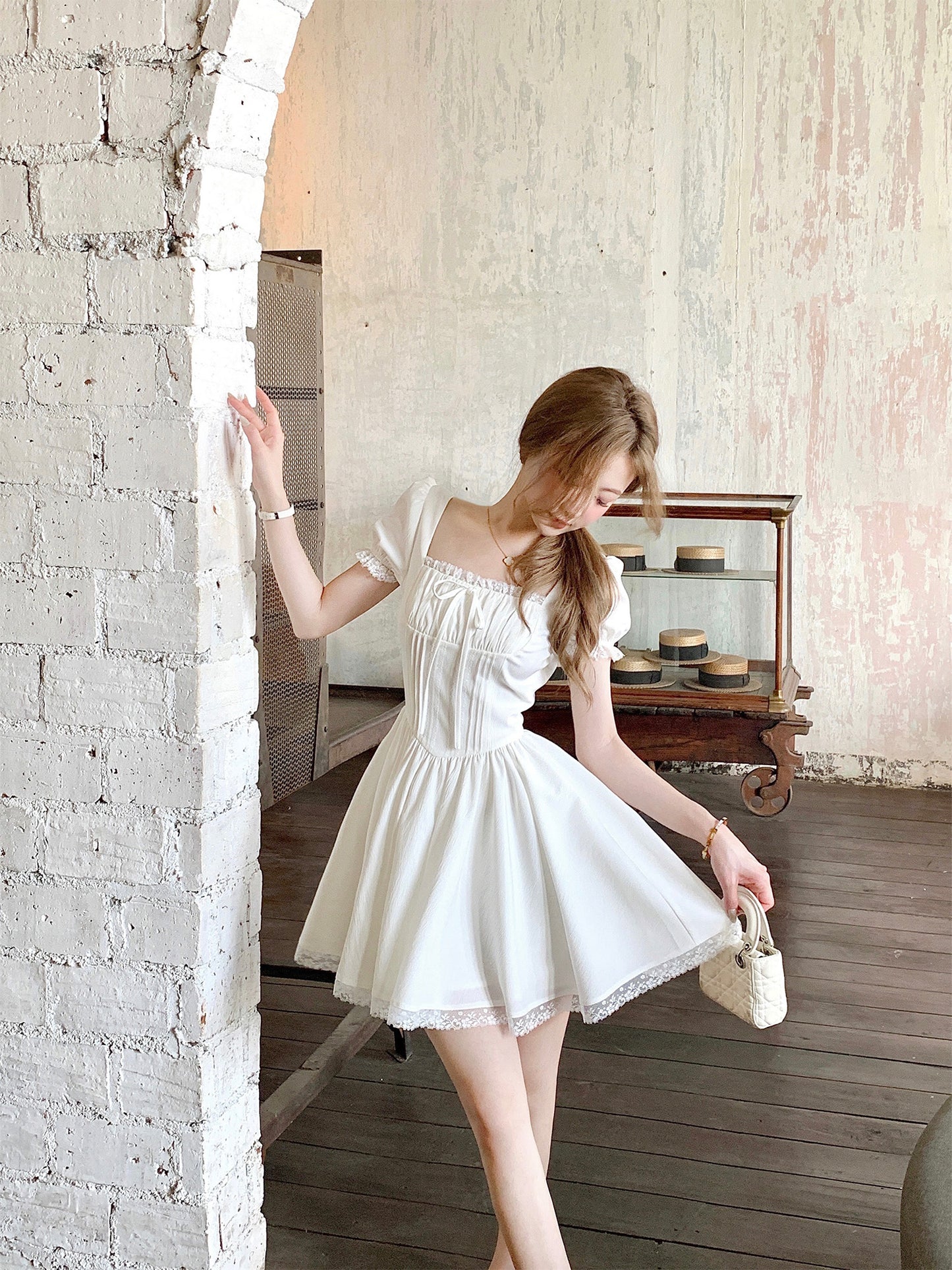 French style little white dress for girls, slim fit, heavy work dress, new summer style R3912