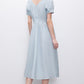 Summer new solid color high waist V-neck puff sleeve waist slimming midi dress for women R3947