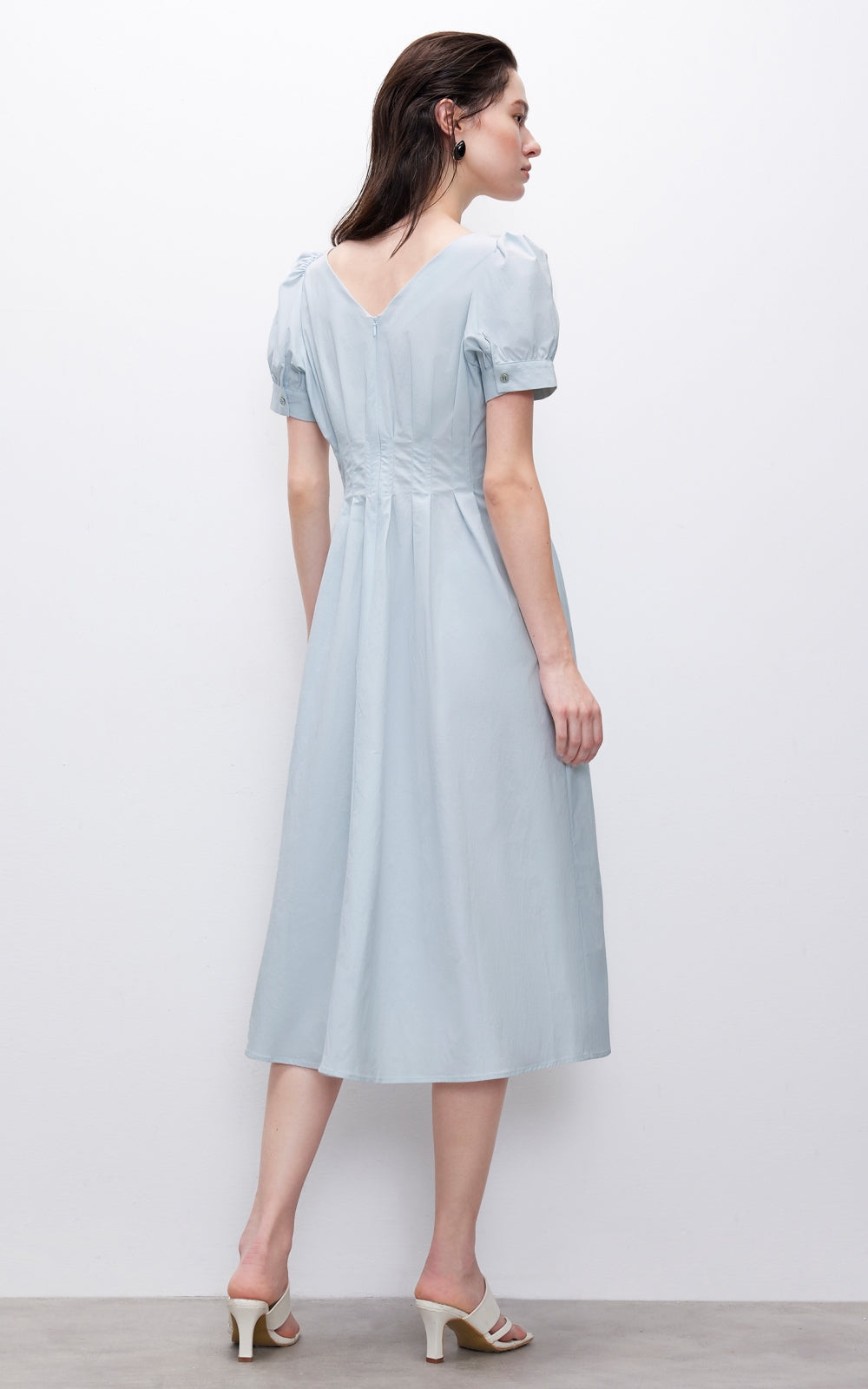 Summer new solid color high waist V-neck puff sleeve waist slimming midi dress for women R3947