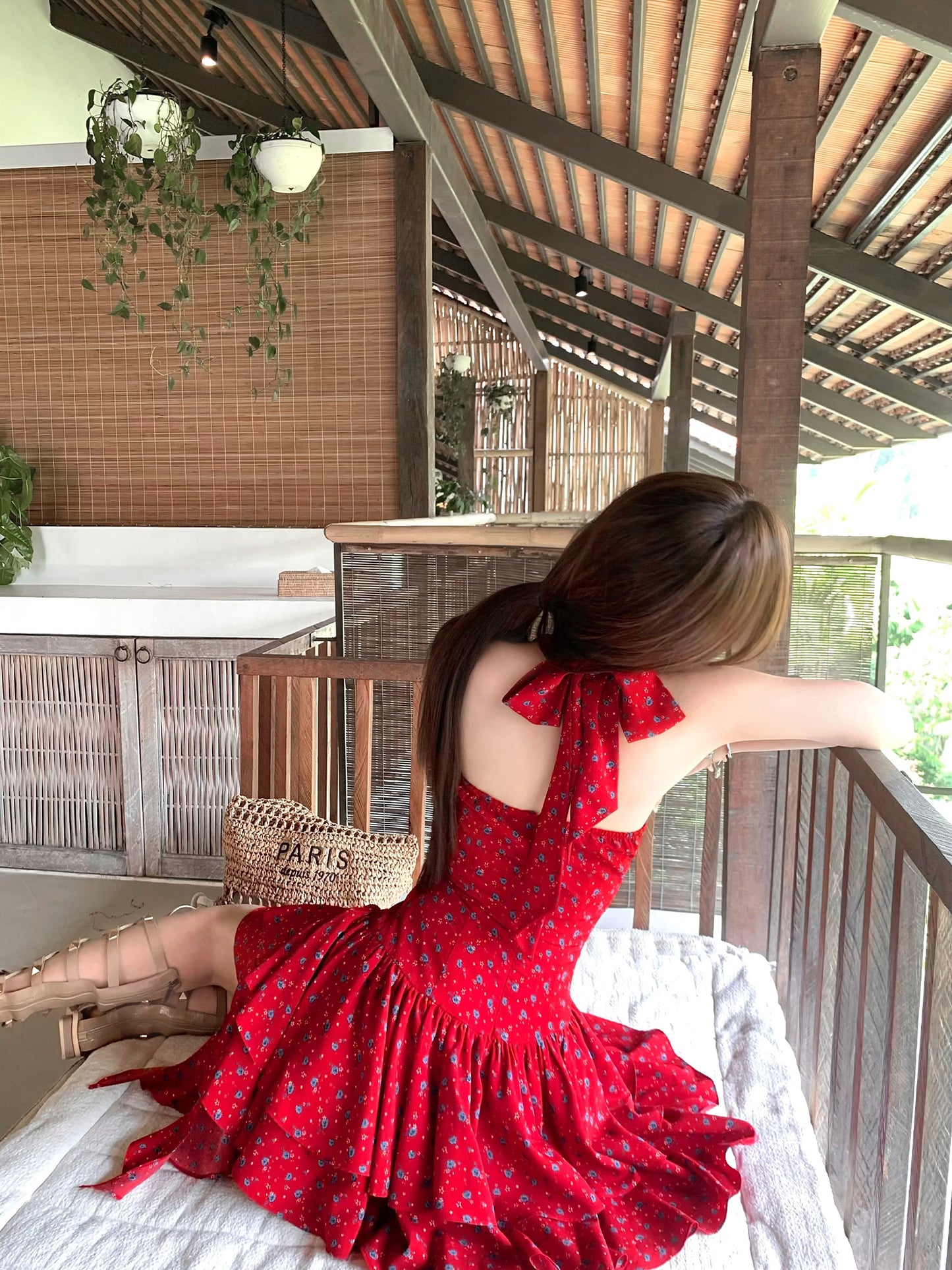 Summer waist slimming temperament red floral holiday halter neck slim dress for women R3914