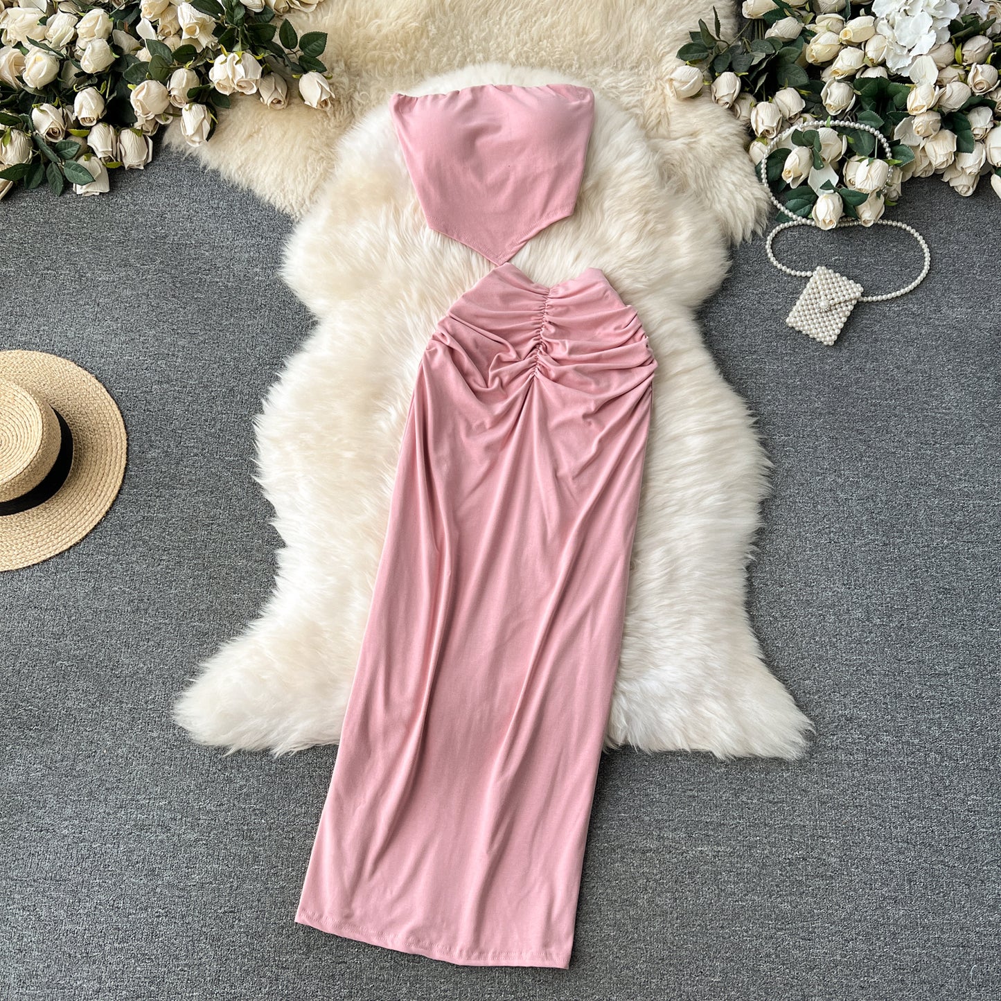 Hot girl style tube top short versatile pleated slim skirt fashionable two-piece skirt suit R2239