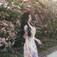 Purple V-neck floral one-shoulder dress gentle temperament waist A-line long skirt R0776