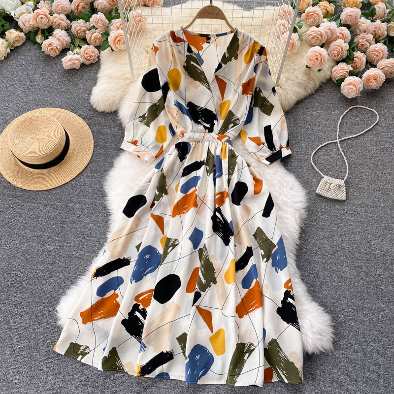 Dress goddess style temperament V-neck slim fit medium long retro print skirt R2206