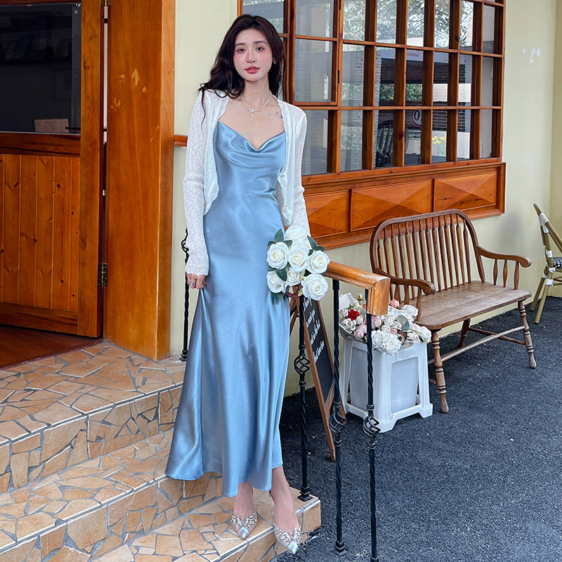 High-grade silk suspender dress for women, medium-length satin slim-fitting maxi dress R0981