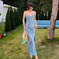 2025 Super long slim fit high-end dress blue mermaid satin acetate suspender dress V-neck R0987