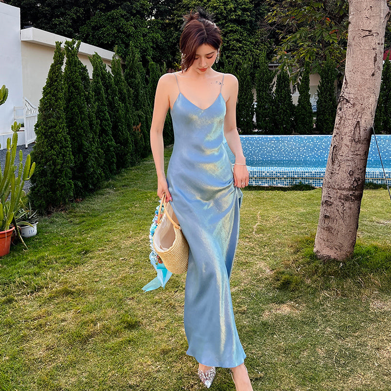 2025 Super long slim fit high-end dress blue mermaid satin acetate suspender dress V-neck R0987