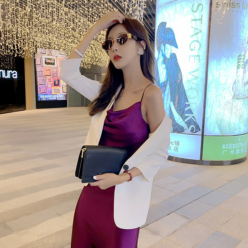 High-grade purple silk suspender dress with medium-length satin inner wear for slimming R0985