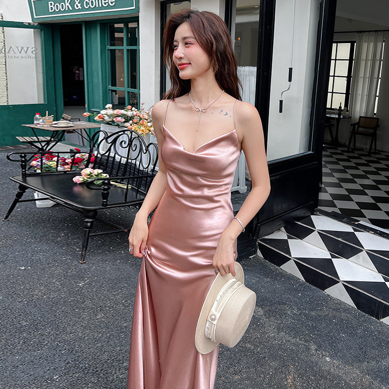 High-end acetate silk satin French suspender dress 2025 new pink long skirt R0993